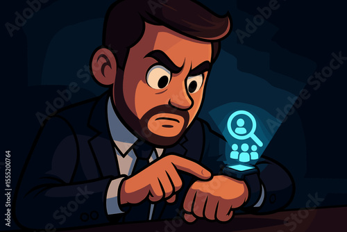 Determined businessman recruiting candidates using a futuristic smartwatch with hologram UI. Human resources and talent acquisition concept. Manager searching for job opportunities.