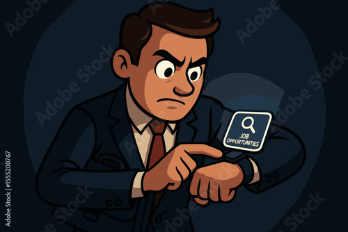 Determined Businessman Searching for Job Opportunities on Smartwatch in Dark Setting. Vector Cartoon Illustration of Career Search, New Employment, and Future Prospects.