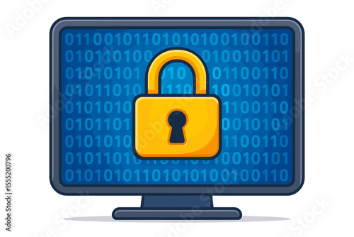 Cybersecurity concept with padlock icon on computer screen. Digital data protection, internet security, and privacy. Secure system access with binary code. Vector cartoon illustration.