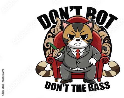 Yakuza-style anime cat on a throne with tattoos. Mafia boss attitude meets cute feline form. Vintage-inspired t-shirt vector design.

