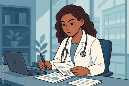 Diligent female doctor analyzing patient reports in a modern hospital office with laptop and documents, healthcare professional cartoon illustration.
