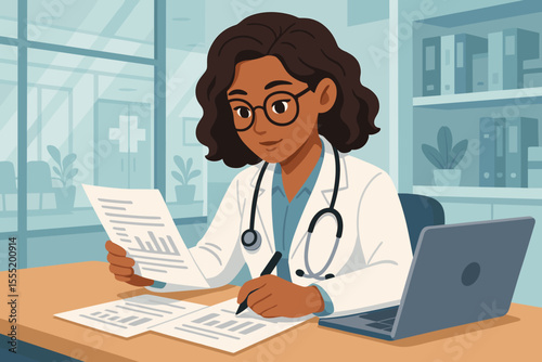 Black female doctor working at her desk in a modern hospital office, analyzing patient reports and medical records. Professional physician writing a diagnosis or prescription.