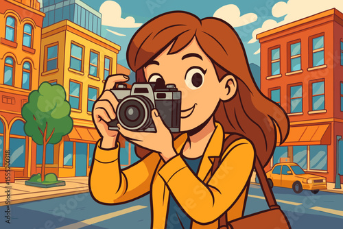 Happy young woman photographer capturing urban city life with retro vintage film camera, tourist exploring street, architecture, cartoon vector illustration.
