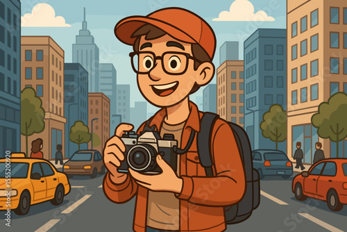 Happy Male Tourist Photographer with Vintage Film Camera and Backpack in Busy Urban City Landscape at Daytime. Travel photography.
