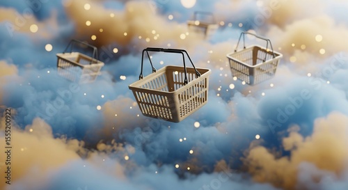 Surreal floating shopping baskets in an abstract cloudscape with shimmering particles