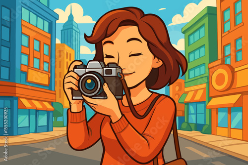 Happy female photographer taking photos with a vintage film camera in a vibrant city. Young woman tourist enjoying her street photography hobby. Vector cartoon illustration.
