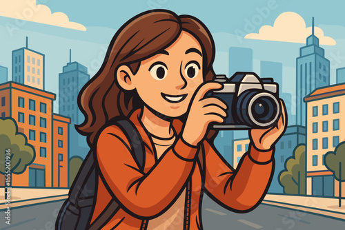 Female Photographer with Vintage Film Camera Taking Photos in Urban Cityscape, Vector Cartoon Illustration of Woman Photographer with Backpack, Street Photography Concept