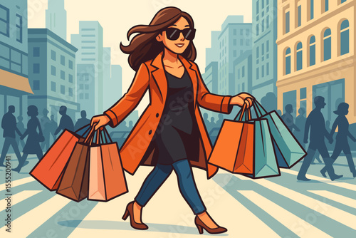 Stylish young woman with shopping bags crossing street in a vibrant urban city center. Fashionable female consumer walking after successful retail therapy. Cartoon vector.