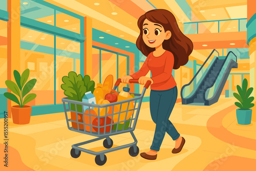 Happy woman pushing a shopping cart full of groceries in a modern supermarket. Female customer buying food at the grocery store. Vector cartoon illustration for retail and sales concept.