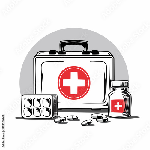 First Aid Box with Medical Drugs and Pills Image Vector isolated on white background.