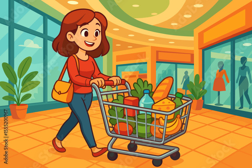 Happy female shopper pushing a loaded shopping cart full of groceries in vibrant modern mall interior, cartoon vector illustration, consumer lifestyle, retail, food shopping