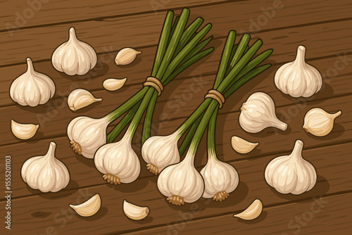 Fresh Organic Garlic Bunches, Aromatic Bulbs, and Cloves Scattered on Rustic Wooden Table. Culinary Ingredient, Flavorful Cooking Spice. Cartoon Vector
