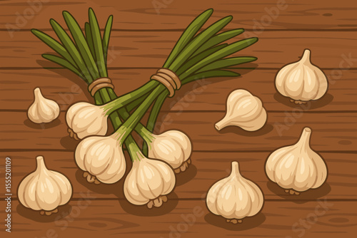 Fresh garlic bunches and individual aromatic bulbs scattered on rustic wooden table, cooking ingredient, natural seasoning, healthy food, vector cartoon illustration