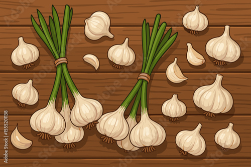 Fresh Garlic Bunches, Aromatic Bulbs, Cloves Scattered on Rustic Wooden Table. Enhancing Flavor, Aroma in Cooking. Healthy Ingredient. Vector Cartoon Illustration. Food Background.