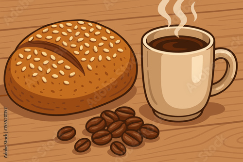 Freshly baked wheat bread bun with sesame seeds, roasted coffee beans, and steaming hot mug on rustic wooden table background. Cozy breakfast cartoon vector.