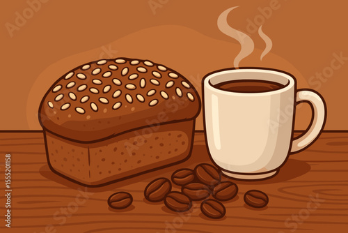 Breakfast concept with fresh baked wheat bread with sesame seeds and hot steaming coffee mug. Vector cartoon illustration with roasted coffee beans on a wooden table for a cafe menu.
