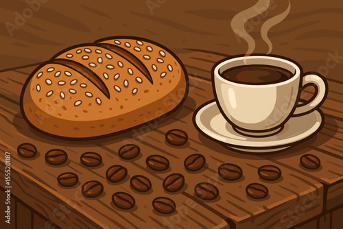 Freshly Baked Wheat Bread with Sesame Seeds, Aromatic Coffee Beans, and Steaming Hot Coffee Cup on Rustic Wooden Table, Breakfast Food Vector Cartoon Illustration