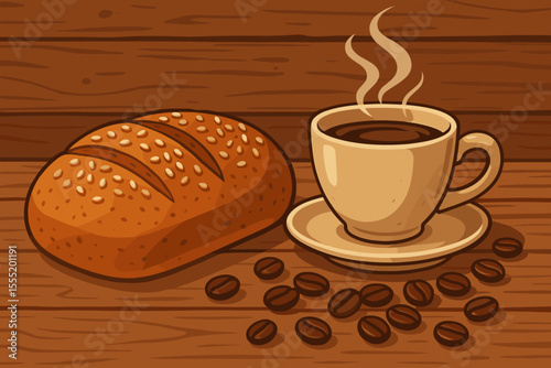 Vector cartoon illustration of a coffee break with a steaming cup of hot coffee, roasted beans, and a fresh baked loaf of bread on a rustic wooden table. Bakery breakfast concept.
