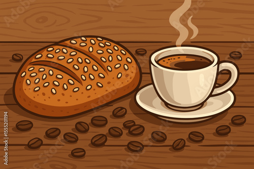 Freshly baked wheat bread with sesame seeds and a steaming cup of hot coffee on a rustic wooden table. Vector cartoon illustration concept for a bakery, cafe menu, or morning breakfast.