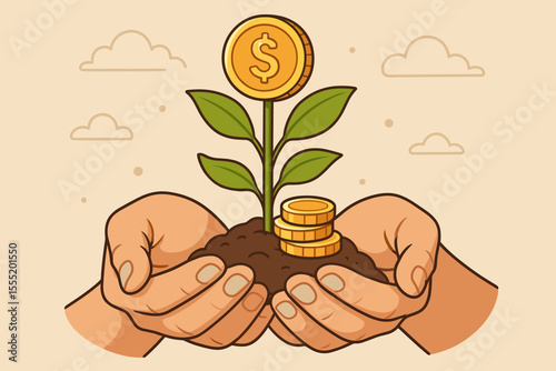 Financial growth concept with hands nurturing money tree. Investment, savings, and wealth building metaphor. Business profit, economic success, and return on investment.