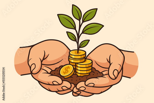 Hands nurturing a money plant seedling growing from gold dollar coins. Concept of financial growth, investment, savings, and wealth. Business success, profit, and economy metaphor.