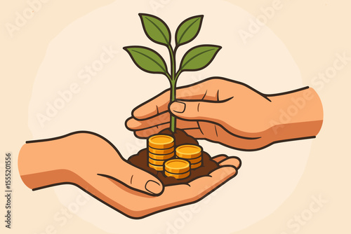 Hands nurturing a money plant seedling growing from a pile of gold coins. Concept of financial growth, savings, and investment. Metaphor for business startup, profit, and wealth.