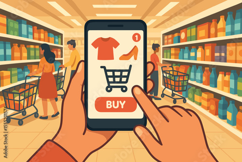 Online shopping on smartphone in a supermarket. Hands holding phone with e-commerce app, cart, and buy button. Digital retail and mobile commerce concept. Vector illustration.