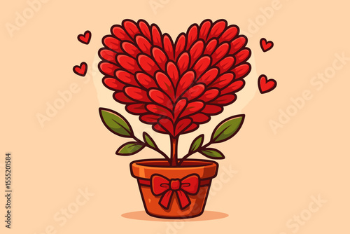 Romantic heart-shaped red flower with lush petals in decorative pot, green leaves, red bow, cute cartoon vector illustration, love, Valentine’s Day, celebration, floral gift, holiday decor