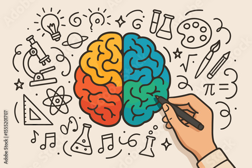 Creative Brain Concept Illustration. Human Hand Drawing Colorful Brain with Science, Art, Music, Math Symbols. Imagination, Innovation, Learning, Intelligence, Education Vector Design