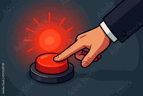 Urgent Decision Concept. Hand Pressing Glowing Red Button. Emergency Alert, Warning, Risk, Panic, Action Choice. Business Crisis, Critical Moment, Vector Illustration. No Text.
