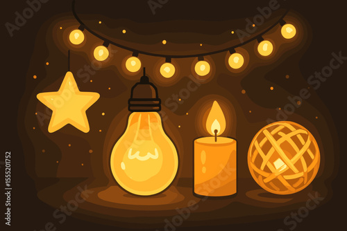 Cozy glowing decor elements with string lights, star ornament, vintage light bulb, candle, and wicker ball on dark background. Warm inviting atmosphere, soft illumination, festive vector illustration