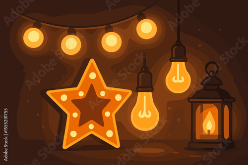 Warm glowing lights decor with string bulbs, star marquee, vintage lantern, cozy inviting atmosphere on dark background, festive illumination, vector cartoon illustration, no text