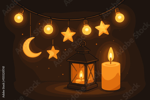 Warm glowing lantern and candle with hanging moon and star lights, cozy night decor, festive illumination, dark background, inviting atmosphere, vector cartoon illustration