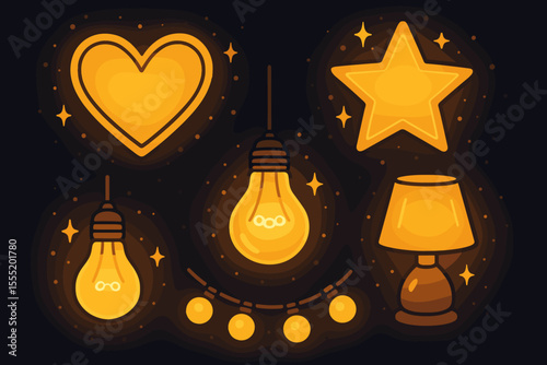 Glowing Decorative Elements Set with Heart, Star, Light Bulb, Lamp, and String Lights on Dark Background, Warm Ambient Lighting, Cozy Night Atmosphere, Vector Cartoon Illustration