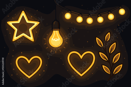Glowing Neon Elements Set with Heart, Star, Light Bulb, String Lights, and Leaf Branch on Dark Background. Warm Ambient Decorative Vector for Festive, Romantic, Cozy, or Party Design Concepts