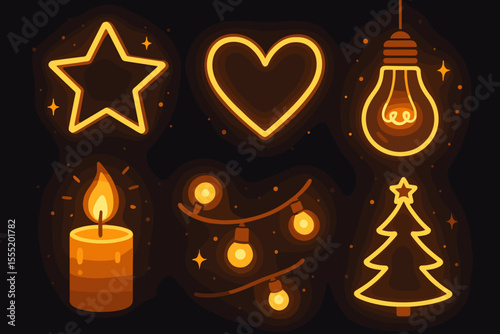 Glowing neon decor elements set. Star, heart, light bulb, candle, string lights, Christmas tree. Warm illuminated icons on dark background. Festive ambiance, celebration, cozy vector illustration