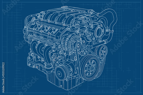 Detailed blueprint vector illustration of modern automotive engine with mechanical components, technical engineering lines, industrial machinery, car motor design, no text, blueprint background