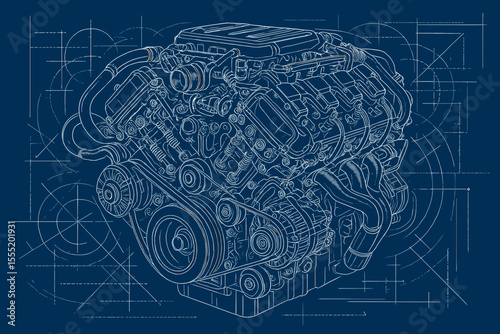 Detailed blueprint illustration of modern automotive V8 engine with mechanical components, technical engineering lines, complex machinery, vector schematic, car motor design, no text
