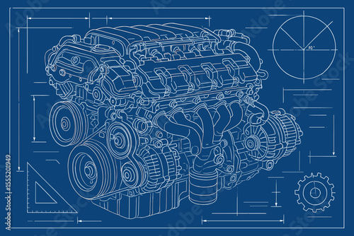 Detailed blueprint vector illustration of modern automotive engine with technical mechanical parts, engineering design, schematic drawing, precision machinery, industrial motor components