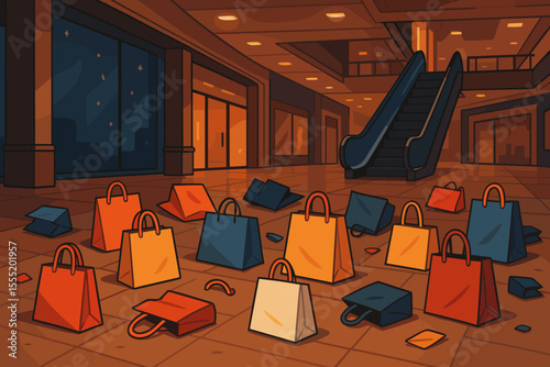 Black Friday shopping bags scattered on empty mall floor after hours, late night retail chaos, abandoned paper bags, escalator, modern shopping center, vector cartoon illustration