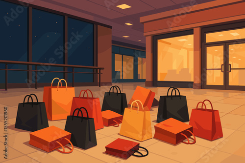 Black Friday shopping bags scattered on mall floor at night, after hours retail frenzy, empty shopping center, holiday sale, consumerism concept, vector cartoon illustration, no people