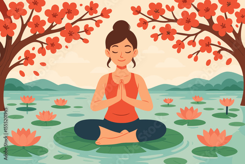 Tranquil Woman Meditating on Lotus Leaf in Blossom Lake, Yoga Pose Surrounded by Red Flowers, Serene Nature Landscape, Mindfulness, Wellness, Peaceful Vector Illustration