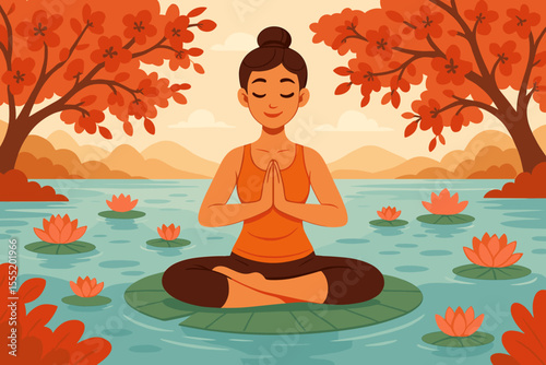 Tranquil woman meditating in lotus pose on lily pad in serene lake surrounded by red blossom trees, peaceful nature landscape, mindfulness yoga, wellness, relaxation, vector illustration