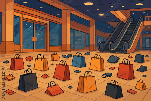 Black Friday Shopping Frenzy After Hours, Scattered Colorful Shopping Bags on Empty Mall Floor, Escalator, Nighttime Retail Chaos, Vector Cartoon Illustration, Commercial Consumerism Concept