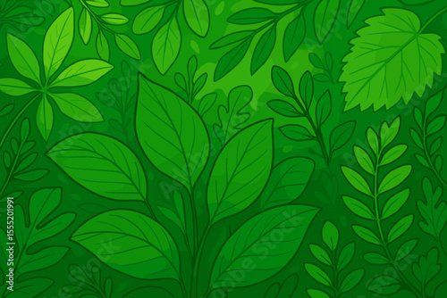 Vibrant lush green leaves seamless pattern. Cartoon foliage background with tropical plants, tree leaves, botanical nature, fresh greenery, decorative jungle, natural eco wallpaper vector illustration
