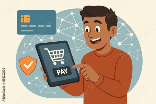 Secure online payment and mobile shopping concept. Man using tablet for digital transaction, e-commerce checkout, credit card, network connection, data protection. Vector illustration