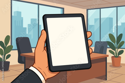 Businessman hand holding digital tablet with blank screen in modern office interior. Vector illustration. Workspace technology, corporate workplace, device mockup, professional business setting
