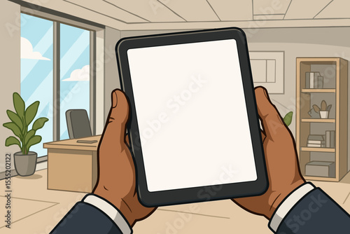 Businessman hand holding digital tablet with blank screen in modern office interior. Corporate workspace, technology device mockup, professional workplace, cartoon vector illustration, no text