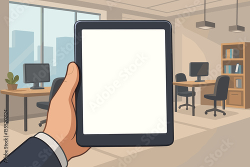 Businessman hand holding digital tablet with blank screen in contemporary office interior. Modern workspace technology concept. Empty device display for app mockup. Vector cartoon illustration