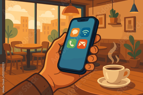 Man’s Hand Holding Smartphone with Communication Apps in Cozy Trendy Cafe Interior, Staying Connected on the Go, Digital Lifestyle, Vector Cartoon Illustration